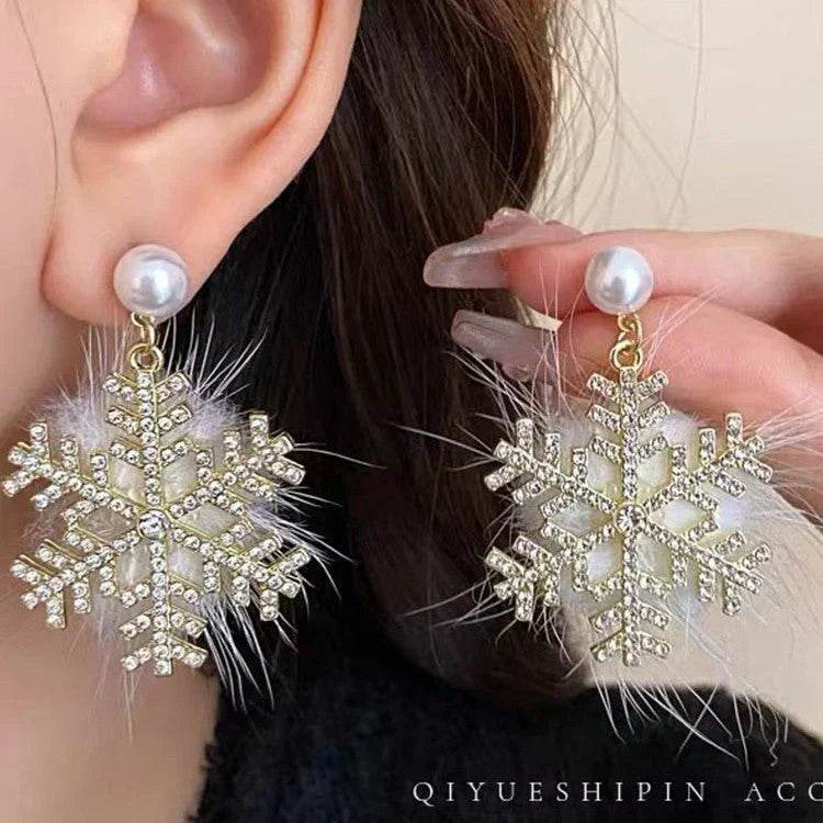 christmas snowflake earrings women's full diamond pearl plush earrings