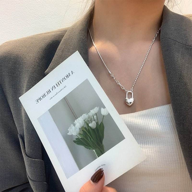 women's double-layer chain heart-shape lock necklace s925 sterling silver